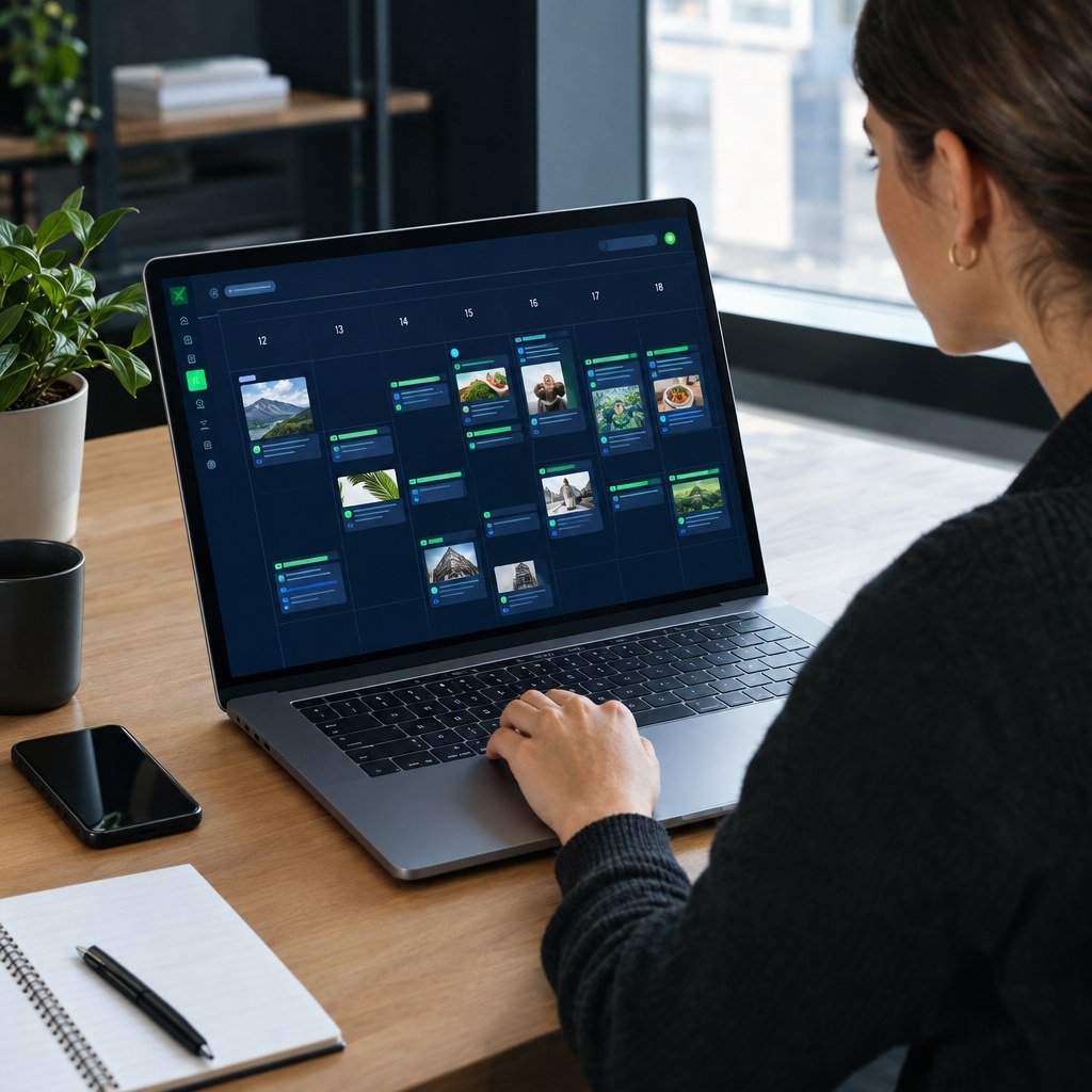Social media scheduling workflow with calendar and social platform icons Social media scheduling workflow with calendar and social platform icons